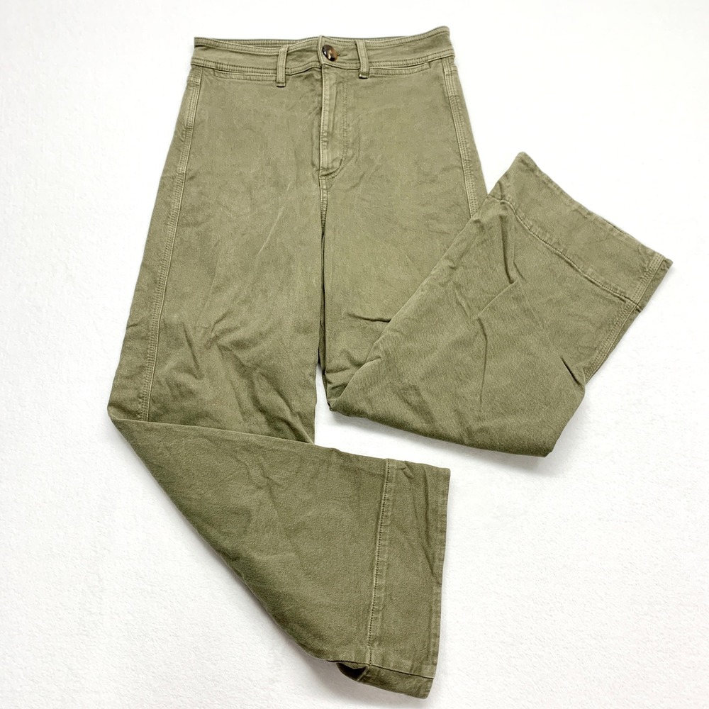 LOFT High Waist Wide Leg Pants Womens Size 0 25 Olive Green Utility Twill Cotton